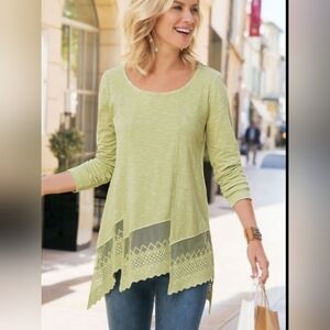 Soft Surroundings Top SZ M Sage Green Linley Lace Hem Mineral Wash Tunic